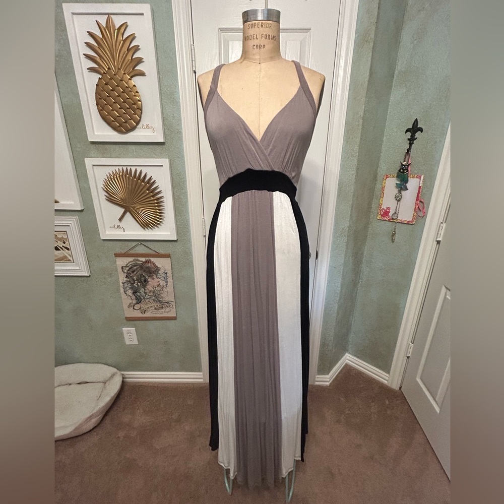 Taupe, Off White, and Black Color-block T-Strap Back Maxi Dress